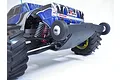 A T-Bone Racing rear bumper and wheelie bar installed on a blue and black Traxxas E-Maxx RC monster truck.