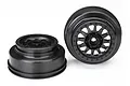 Two black Traxxas Method Racing RC wheels for short course trucks, shown from front and side angles against a white background.