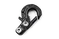 A black aluminium winch hook for 1/10 scale RC vehicles, featuring a safety latch and two silver hex screws, isolated on a white background.