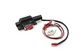 A black 1/10 scale RC rock crawler winch with a red hook, control unit, and mounting hardware on a white background.
