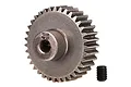 A 35-tooth metal pinion gear for RC cars, shown with a small black grub screw on a white background.