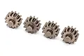 Four identical small metal planetary gears for Traxxas RC vehicles arranged in a row on a white background.