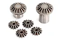A set of six steel differential gears for a Traxxas RC vehicle, including two larger output gears and four smaller bevel gears on a white background.