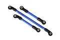 Three blue anodized aluminum steering and suspension links for Traxxas TRX-4 with black plastic rod ends.