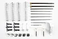 Tamiya Lunch Box RC spare parts kit including suspension springs, metal shafts, plastic ball ends, and metal brackets on a white background.