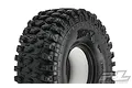 A close-up studio shot of a Pro-Line 1.9 inch Hyrax rock crawler tyre featuring aggressive tread blocks and the Hyrax logo embossed on the sidewall.