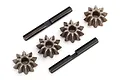 Traxxas steel differential gear set including four small bevel gears and two metal cross pins on a white background.