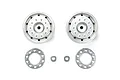 Two Tamiya 1/14 scale matte silver metal-plated truck rims with accompanying hub rings and washers on a white background.