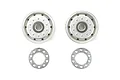 Two matte silver Tamiya 1/14 scale truck rims with matching center hub caps on a white background.