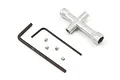 Tamiya tool set including a silver cross wrench, two L-shaped hex keys, and four small grub screws on a white background.