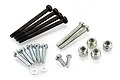 A collection of various metal screws, bolts, nuts, and washers for a Tamiya RC model on a white background.