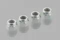 Four silver 4mm nyloc nuts arranged in a row on a reflective grey surface.