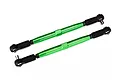 Two green anodized aluminum toe links for Traxxas X-Maxx RC car, featuring black plastic rod ends and metal pivot balls.