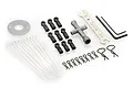 Tamiya Hotshot tool and hardware set including a cross wrench, open-ended wrench, hex keys, plastic ball connectors, cable ties, and body clips.