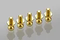 Five gold-coloured metal 4mm pivot balls with threaded shafts arranged in a row on a reflective grey surface.