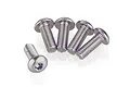 Five Tamiya 3x8mm button head titanium screws arranged on a white background.