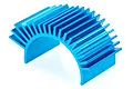 A blue anodized aluminium motor heat sink with cooling fins, designed for RC motors.
