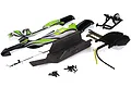 Rovan Baja 5B Shorty Q conversion kit including green and black body panels, chassis plate, wheelie bar, fuel tank, and hardware.