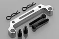 A silver metal Rovan Baja 5B roll cage mount with two black bolts, two small threaded standoffs, and two black R-clips on a grey background.