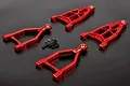 Rovan red aluminium front suspension arm set for RC cars, including four arms and mounting hardware on a dark background.