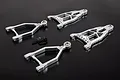 Rovan silver aluminium front suspension arm set for RC vehicles, including four arms and mounting hardware on a black background.