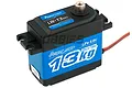 Power HD LW-13MG digital servo with black and blue casing, metal output gear, and attached wiring, viewed from a high angle.