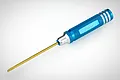 A blue aluminium 3.0mm flat head screwdriver with a knurled handle and a gold-coloured metal shaft.