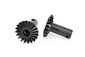 Two black steel differential output gears for a Traxxas RC vehicle, shown from side and top-down angles against a white background.