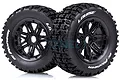 Two Louise SC-Pioneer RC car wheels with black spoke rims and aggressive tread patterns, set against a white background.