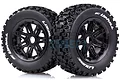 Two Louise SC-Uphill RC car tyres mounted on black spoke beadlock rims, featuring aggressive tread patterns and white sidewall branding.