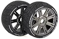 Two Louise 3.3 inch GT-Tarmac RC car wheels with black chrome 8-spoke rims and treaded rubber tyres against a white background.