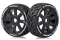 Two Louise 3.3 inch GT-Tarmac RC car wheels with black 8-spoke rims and treaded rubber tyres, set against a white background.