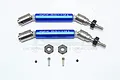 Two blue and silver GPM Racing universal drive shafts for RC cars, with included 12mm hex adapters, washers, and small screws on a white background.