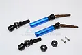 GPM Racing blue and black steel universal drive shafts for Traxxas RC vehicles, including two 12mm hex adapters and two set screws on a white background.