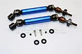 Two blue and black GPM Racing universal drive shafts for Traxxas RC vehicles, including small hardware like pins, grub screws, and rubber O-rings.