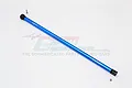 A blue anodized aluminium centre drive shaft for Traxxas Slash 4x4 LCG by GPM Racing, shown against a white background with small hardware components.