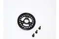 A black GPM Racing 54T steel spur gear with three matching black mounting screws on a white background.
