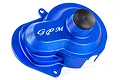 A blue anodized aluminium spur gear cover for Traxxas RC vehicles by GPM Racing, featuring a black rubber plug.