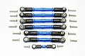 A set of seven blue anodized aluminium turnbuckles with black plastic rod ends and included mounting screws for RC vehicles.