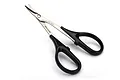 Traxxas branded curved hobby scissors with stainless steel blades and black plastic handles on a white background.