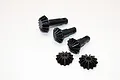 A set of five black hardened steel differential gears for an RC car, including three pinion gears with shafts and two bevel gears.
