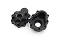 Two black aluminium outer portal drive housings for Traxxas TRX-4 by Yeah Racing, showing both front and back sides.