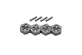 Four silver metal 12mm RC wheel hex adapters and four matching drive pins arranged on a plain white background.