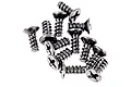 A small pile of ten black metal countersunk screws with coarse threads and Phillips heads, isolated on a white background.