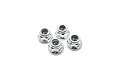 Four silver-coloured flanged nyloc nuts arranged on a white background.