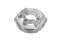 A silver-coloured metal motor mount spare part for an RC vehicle, shown from an angled top-down perspective against a white background.