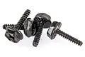 Four black metal washer head screws with coarse threads arranged on a white background.
