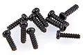 A cluster of ten small black metal binder head screws with coarse threads for RC hobby use.