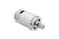 A silver 390-sized brushed RC motor with a small metal pinion gear attached to the shaft, isolated against a white background.