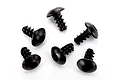 A top-down view of six black Traxxas coarse thread button head screws with hex drive heads arranged on a white background.